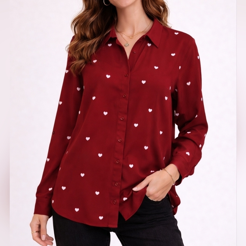 TALBOTS Heart Fuscia Button Down Long-Sleeve Valentine's Shirt